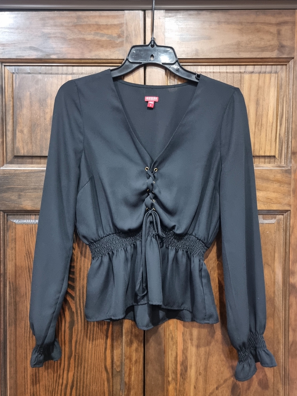 Guess Black Lace-Up Smocked Waist Blouse